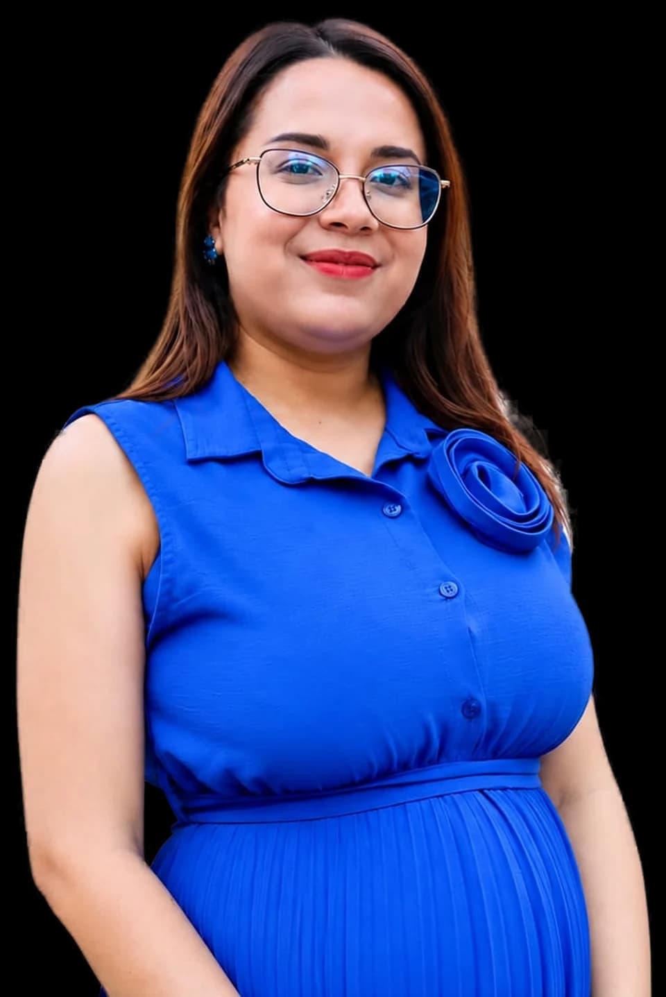 Debora, a native Albanian teacher, smiling in a royal-blue dress