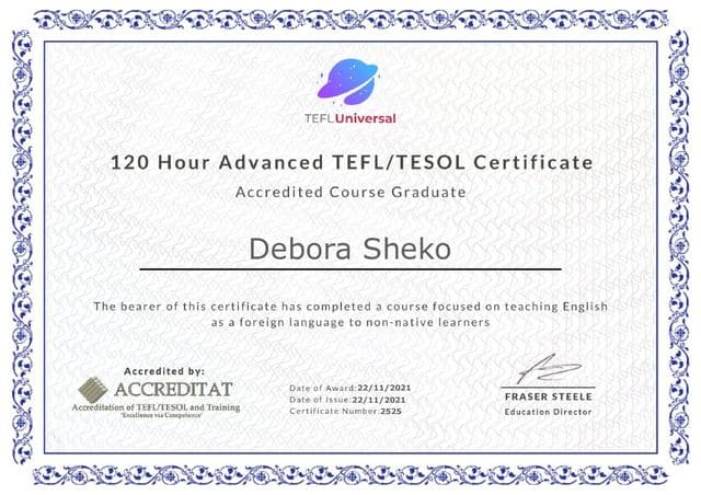 120-hour Advanced TEFL/TESOL certificate, TEFL Universal, 2021