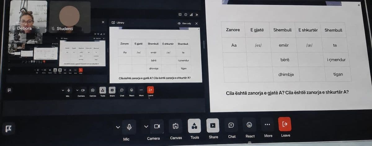 Debora teaching Albanian vowels in a live online lesson